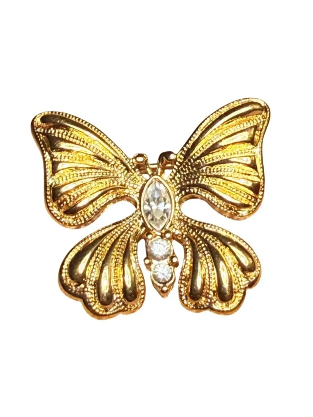Vintage Monet Gold Tone Butterfly Brooch Clear Rhinestone Signed Romantic Pin